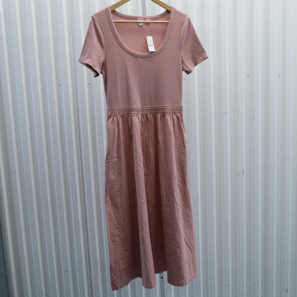 NWT Gap Women's Midi Dress Medium Pink Ribbed Top Cotton Short Sleeve - Picture 1 of 7